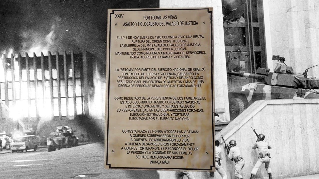 Placa en homenaje a las víctimas del ataque al Palacio de Justicia