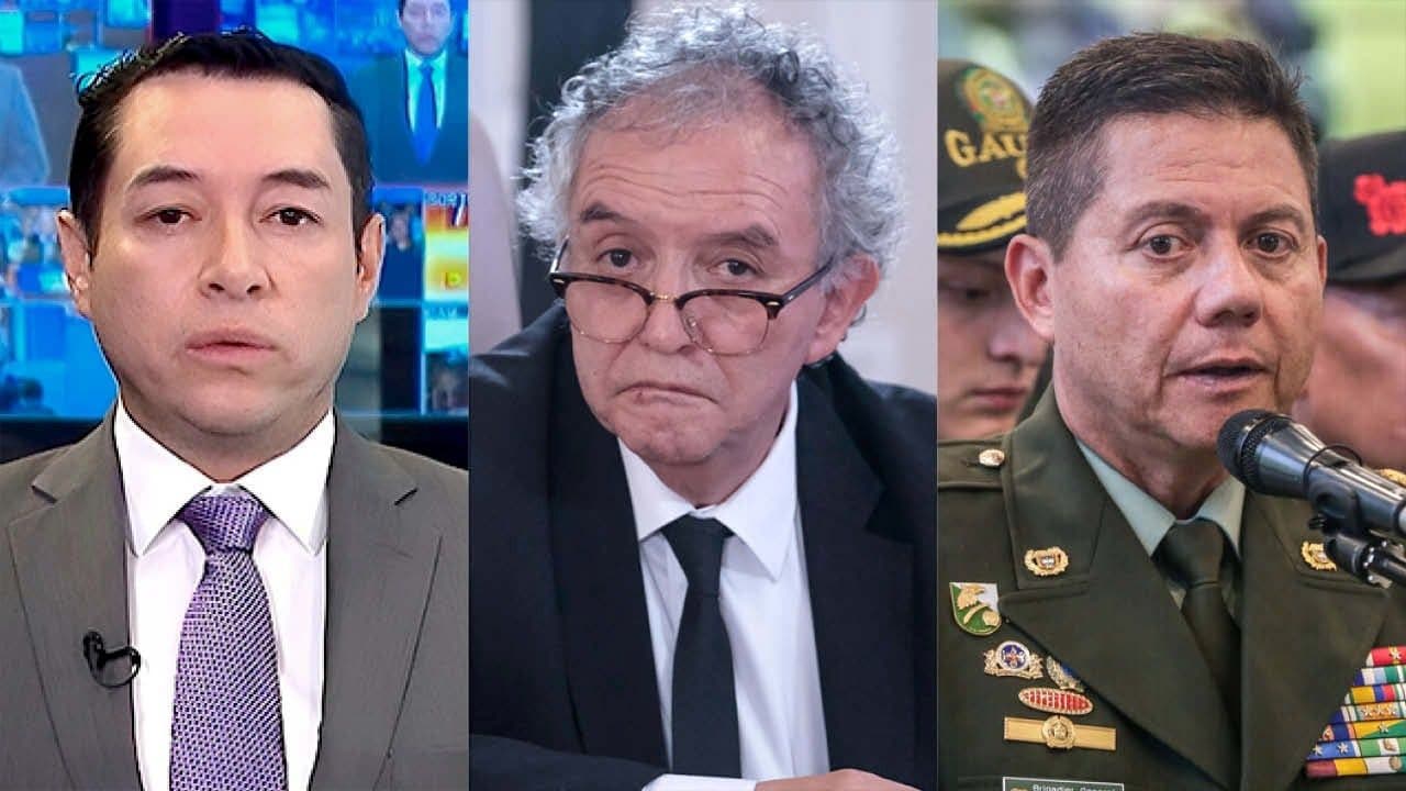El periodista Enrique Tapias, el exdirector de la DNI y director de la UIAF Jorge Lemus, y el director de la Policía, William Rincón.